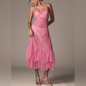 Anthropologie Let Me Be Ruffled Midi Dress NWT Bright Pink Sheer Lace L
